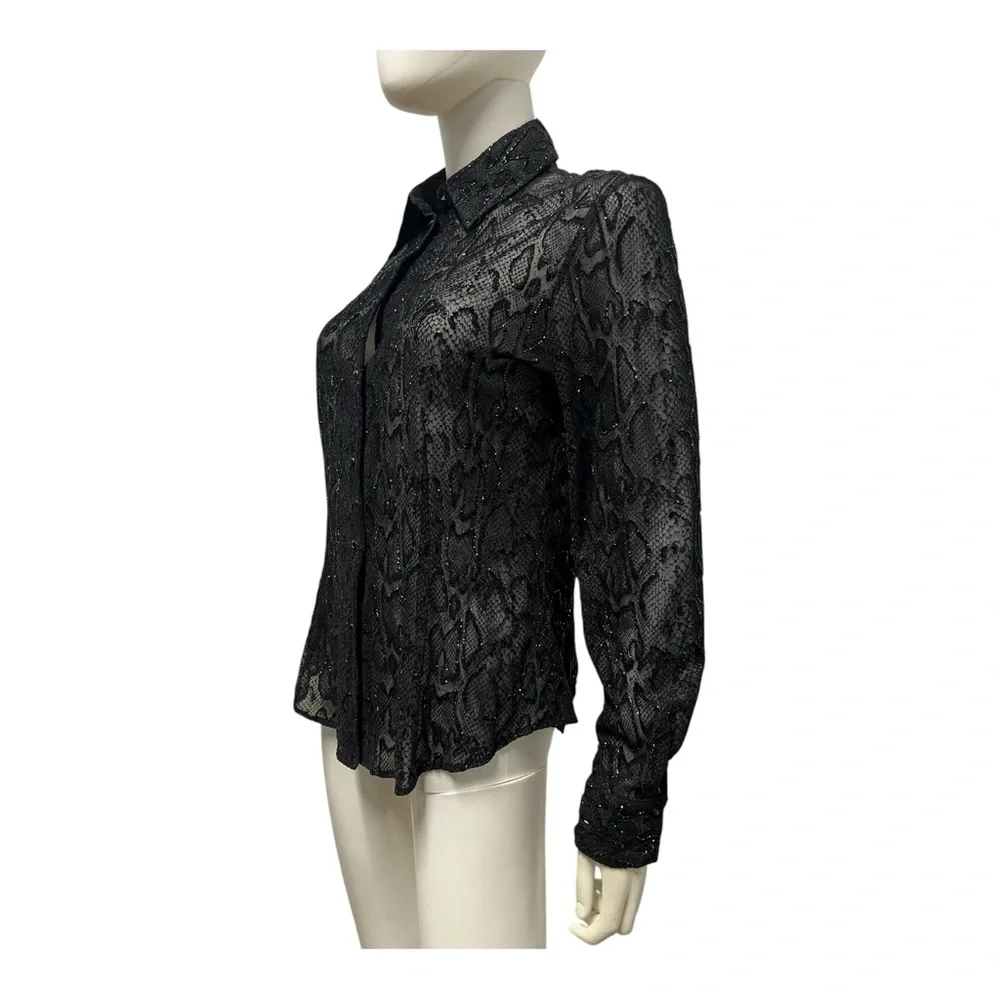 Carmen Marc Valvo Collection Black Shimmer Beaded Cocktail Party Shirt Top 8 - Picture 5 of 9
